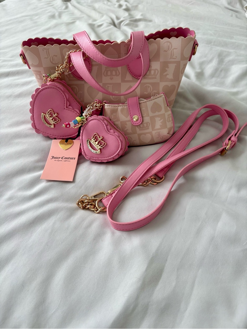 Juicy Couture Cream & Pink Scalloped Mini Tote with Heart Charm Pouches